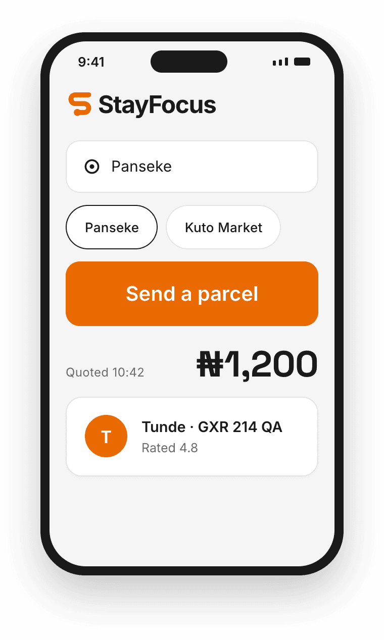 Preview of the StayFocus customer app home screen and parcel quote